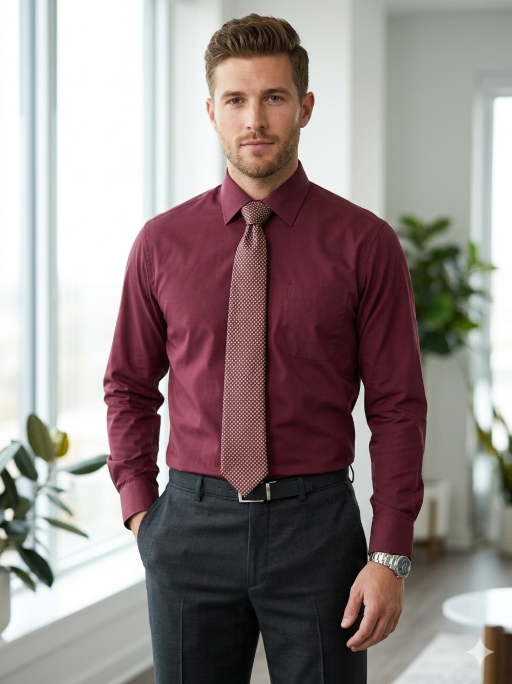 Ben Sherman Men's Long-Sleeve Dress Shirt and Tie in Wine/Burgundy